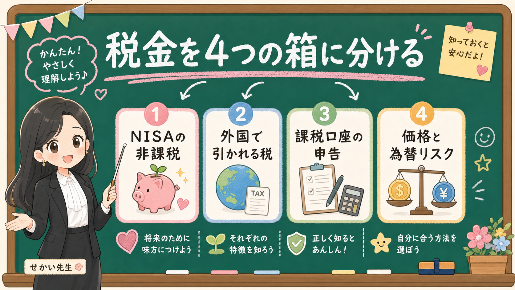 せかい先生が黒板で、NISAの非課税、外国で引かれる税、課税口座の申告、価格と為替リスクを4つの箱に分けて説明する図解