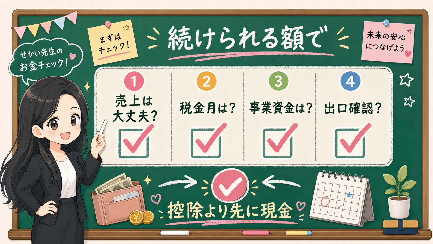 せかい先生がフリーランスの掛金チェックリストを説明する黒板図解