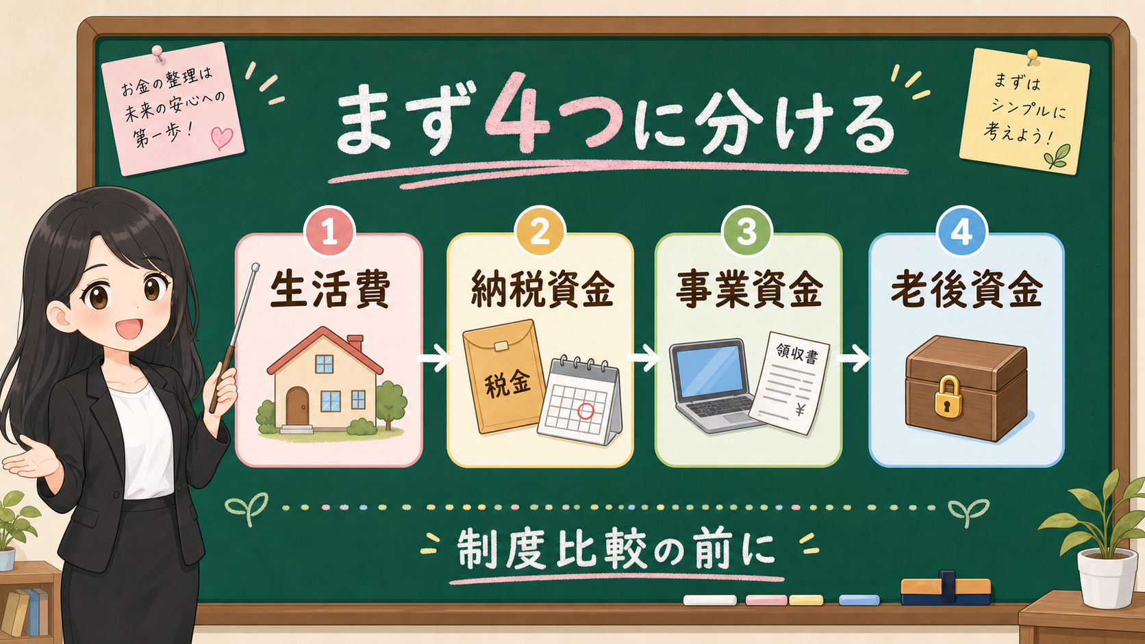 せかい先生が黒板で生活費、納税資金、事業資金、老後資金を4つの箱に分ける図解