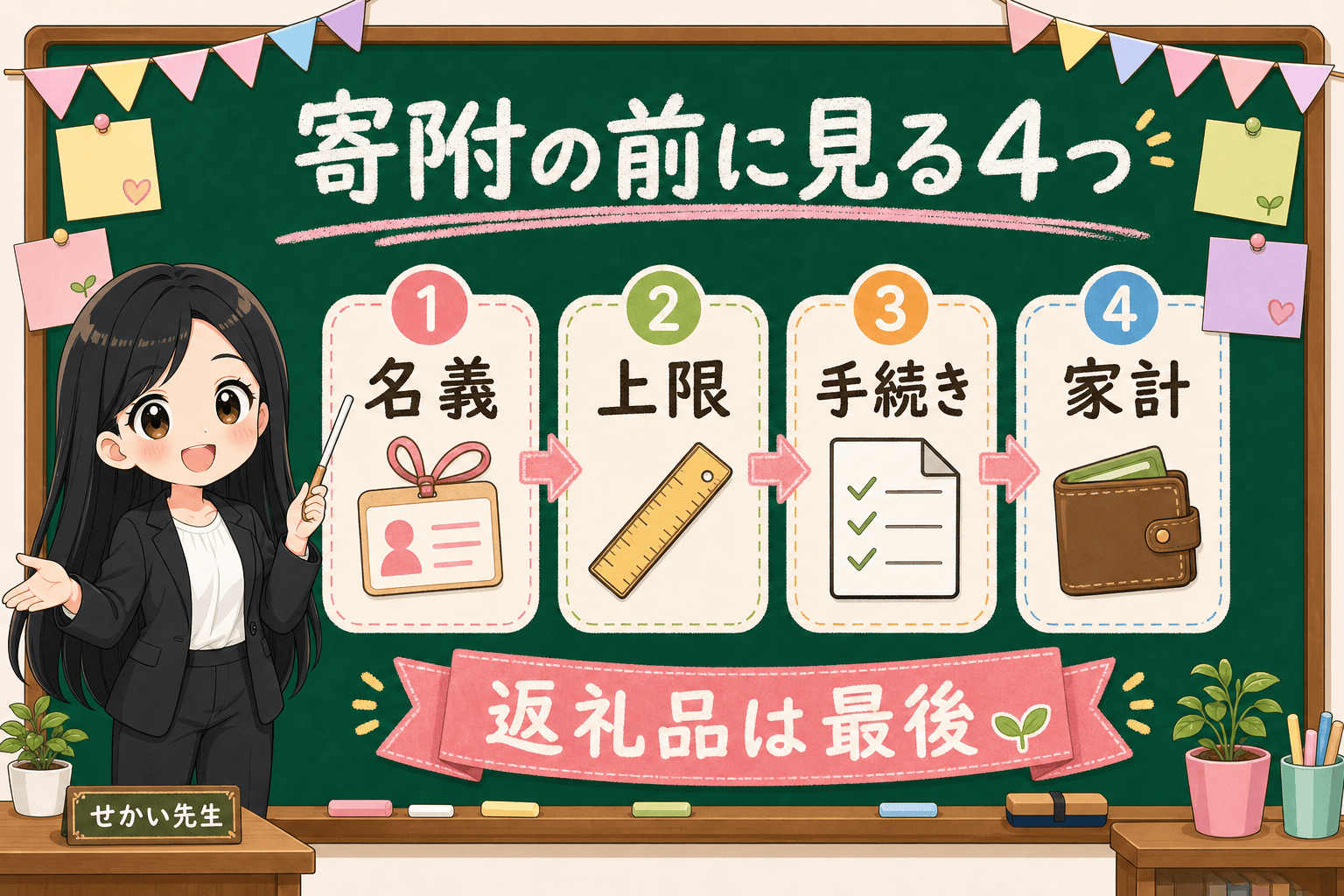 せかい先生が寄附の前に見る4つ、名義、上限、手続き、家計を順番に確かめ、返礼品は最後でよいことを説明する図解