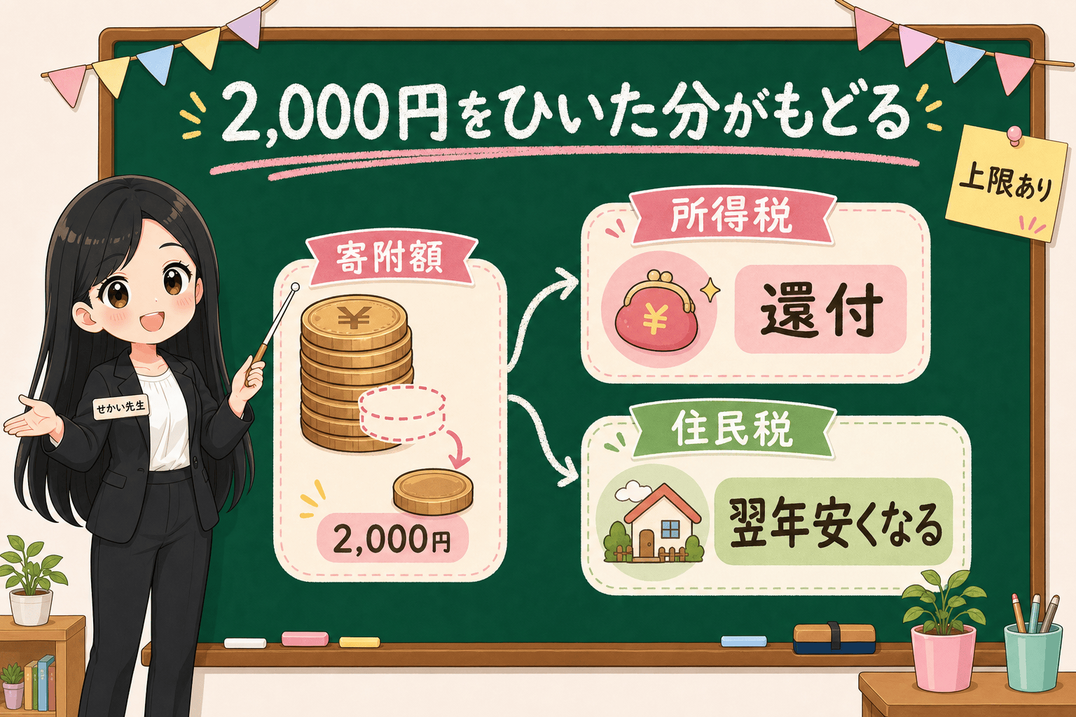 せかい先生が寄附額から2,000円を引いた部分が所得税と住民税から控除される流れを2つの箱で説明する図解