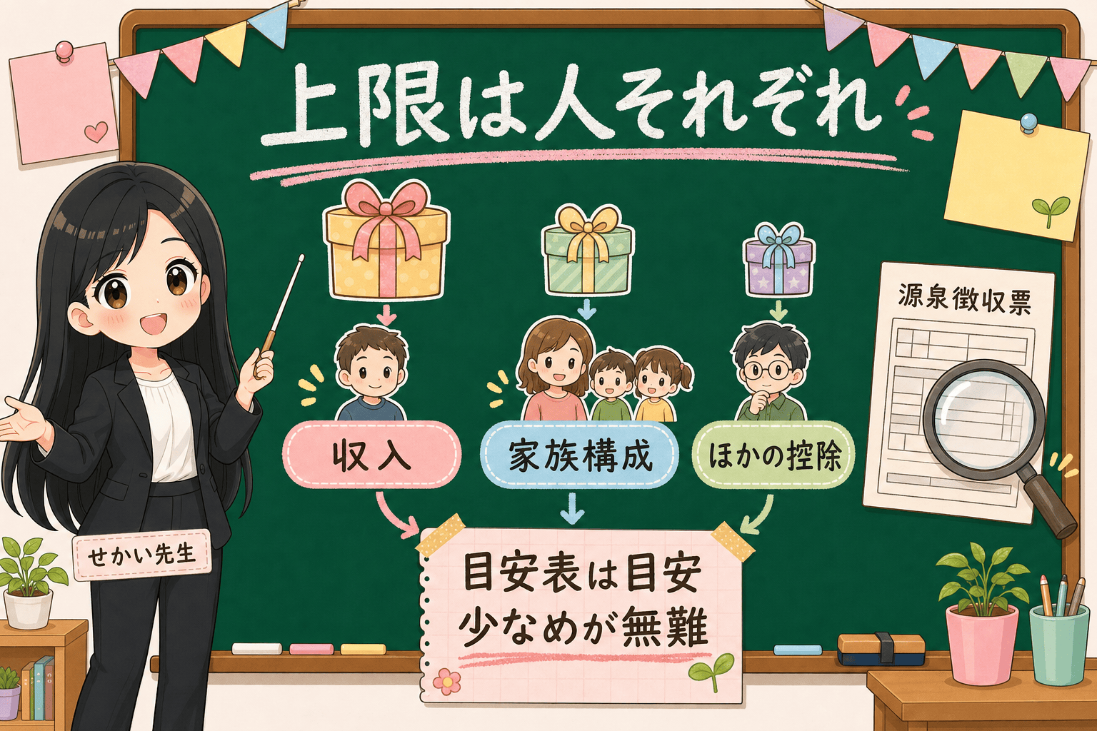 せかい先生が収入や家族構成が違う3人の限度額の箱の大きさが違うことを示す図解