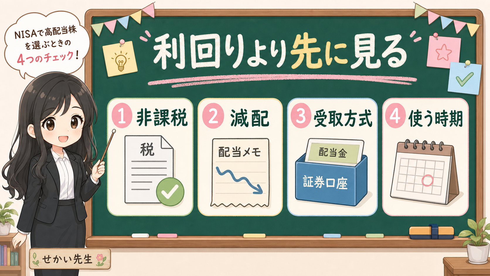 せかい先生が黒板で、高配当株を見る前に非課税、減配、受取方式、使う時期を4つの箱に分ける図解