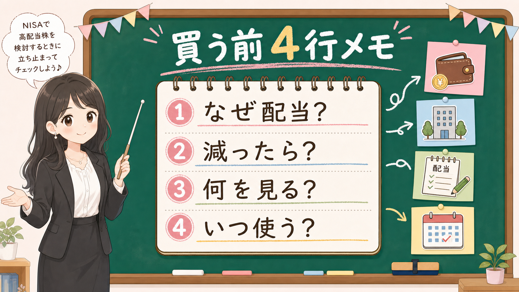せかい先生が黒板で、高配当株を買う前の4行メモを説明する図解