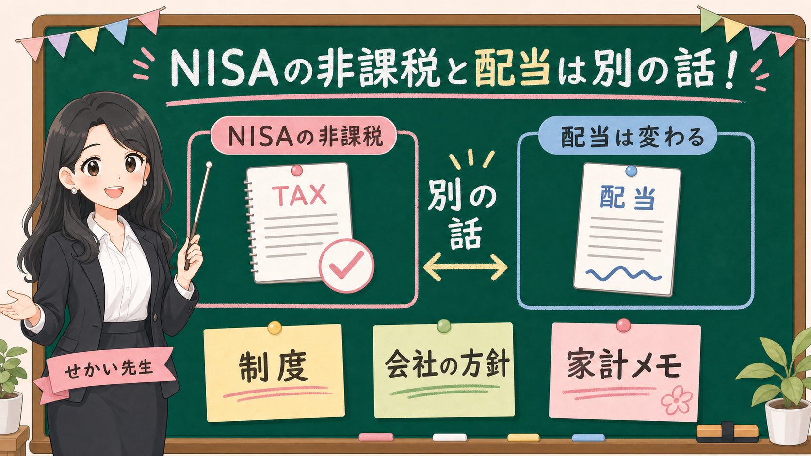 せかい先生が黒板で、NISAの非課税と配当は変わることを別の話として説明する図解