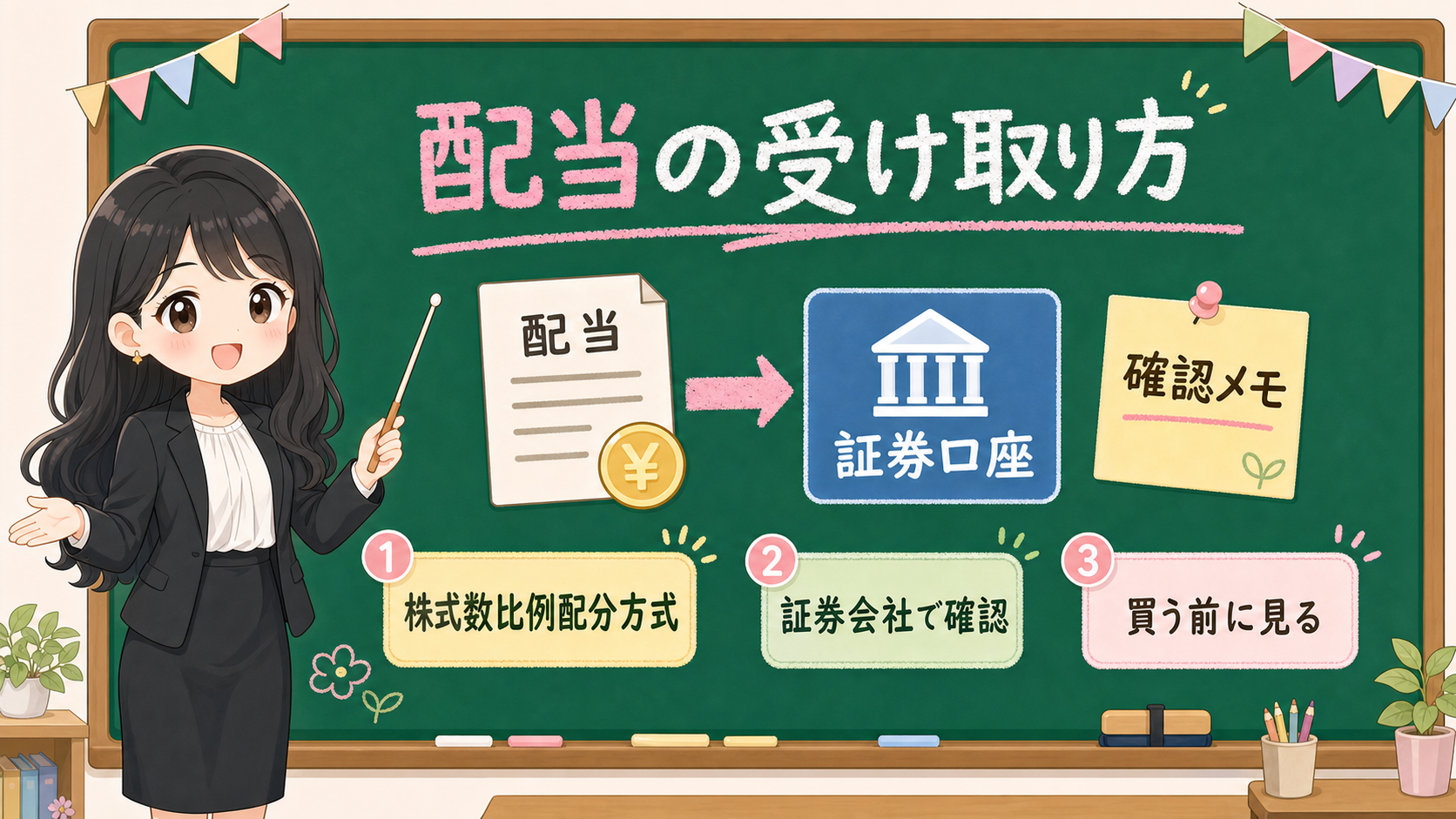 せかい先生が黒板で、配当の受け取り方、株式数比例配分方式、証券会社での確認を説明する図解