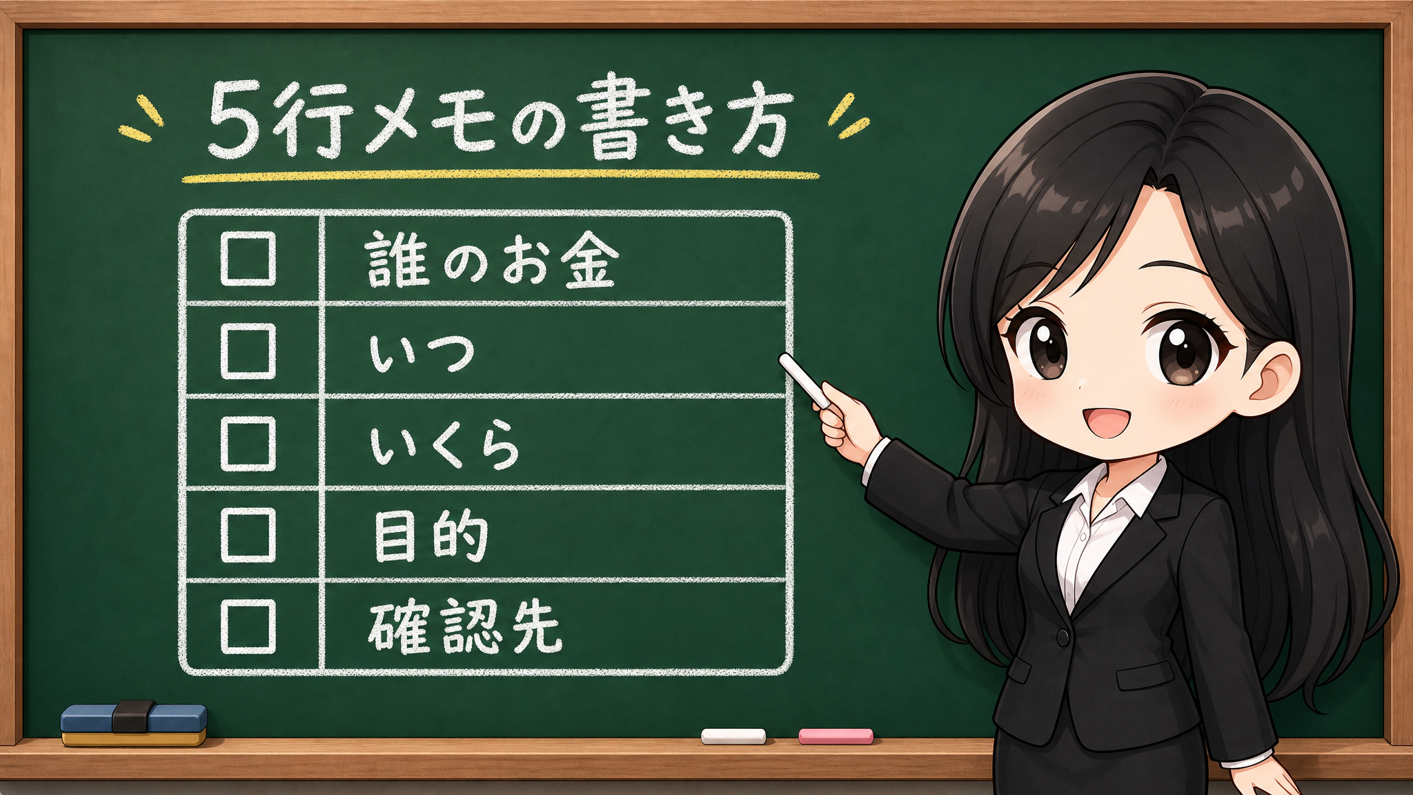 せかい先生が出どころ、目的、時期、送金、確認先の5行メモを指す黒板図解
