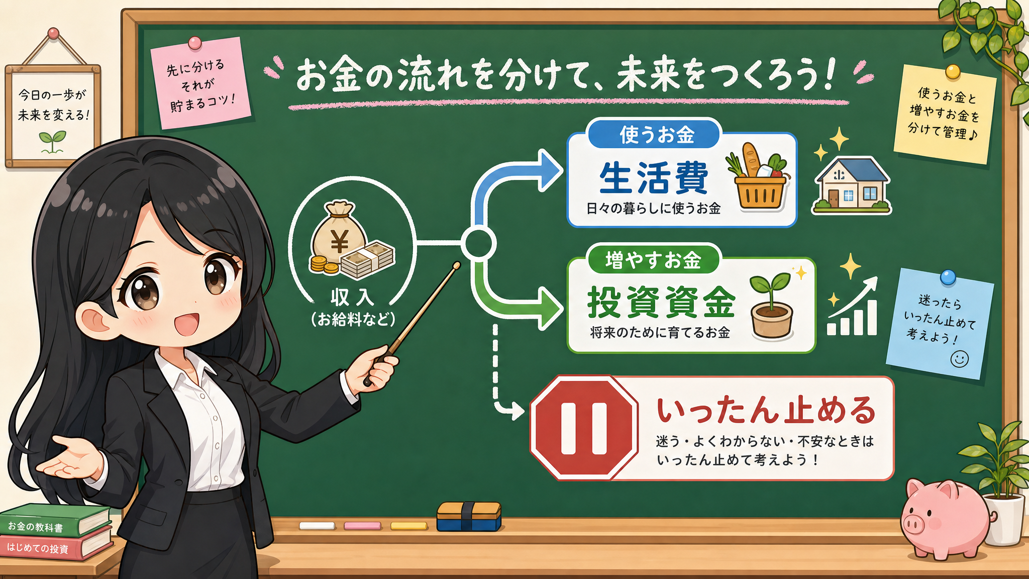 せかい先生が生活費、教育費、投資資金を一時停止マークで分けて確認する黒板図解
