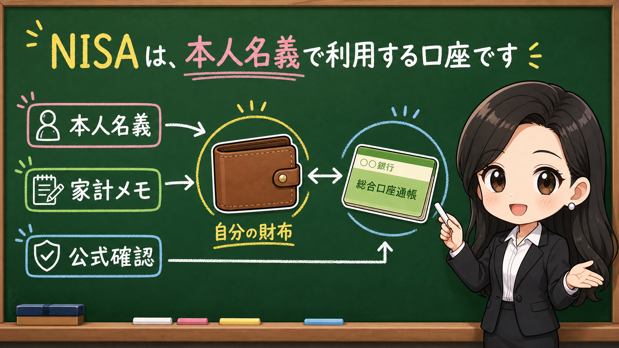 せかい先生が本人NISA、配偶者NISA、家計財布を分けて説明する黒板図解