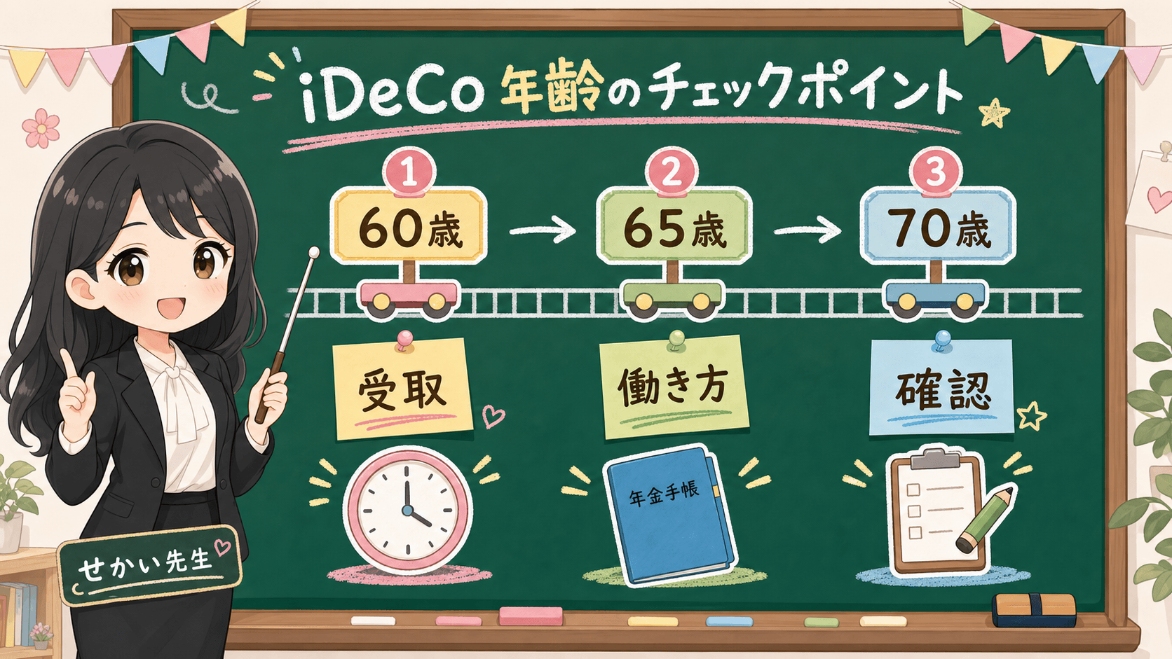 せかい先生がiDeCoの60歳、65歳、70歳の年齢タイムラインを線路で説明する図解