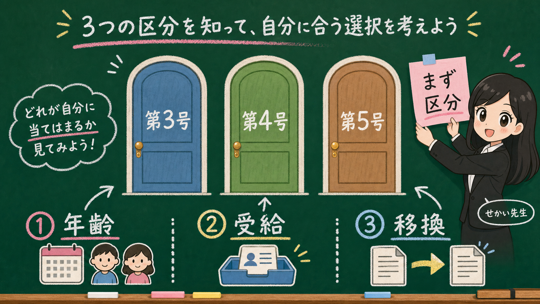 せかい先生が第3号、第4号、第5号を年齢、受給、移換で分ける図解