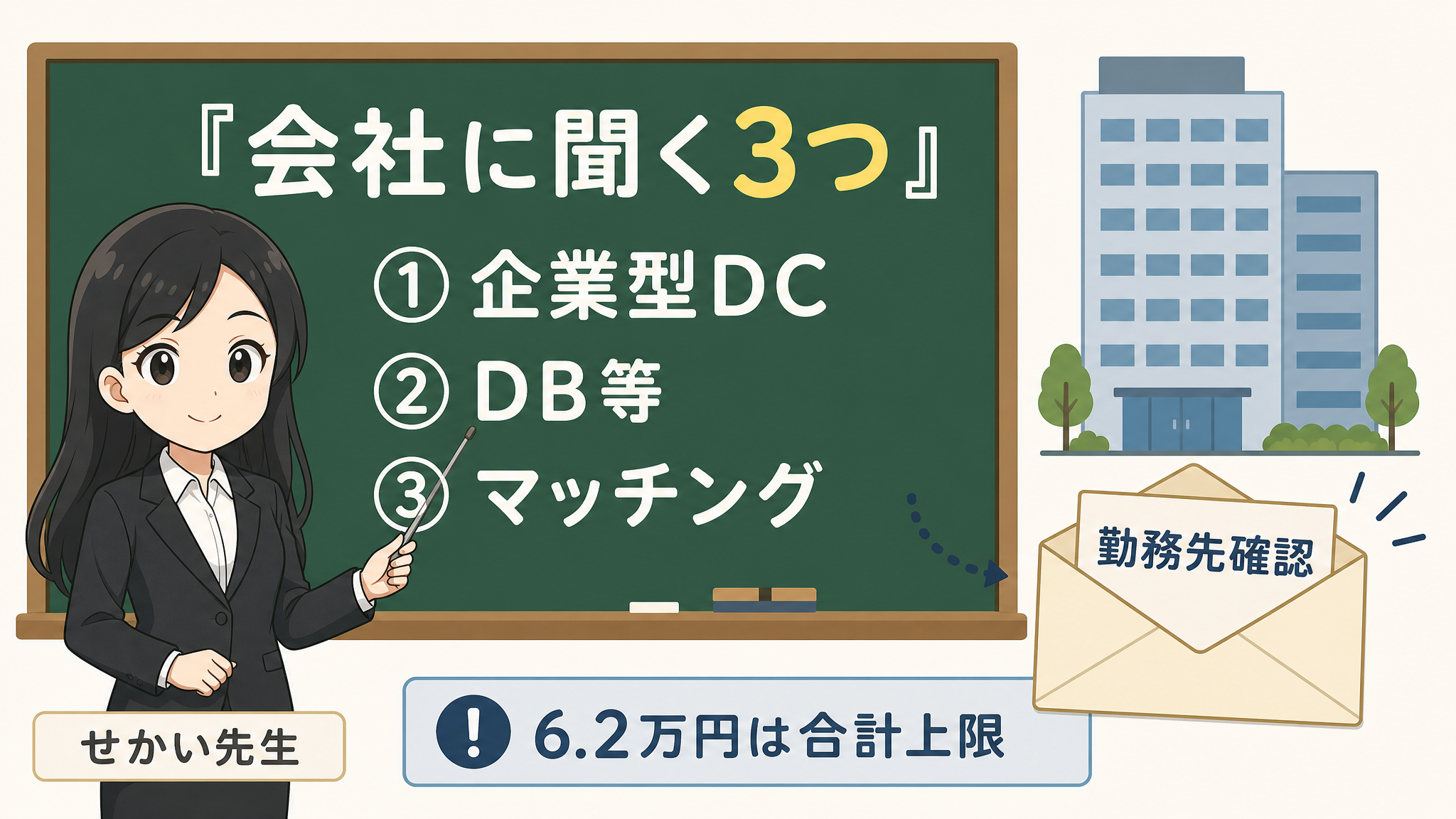 せかい先生が会社員と公務員向けに企業型DC、DB等、マッチング拠出、勤務先確認を示す図解