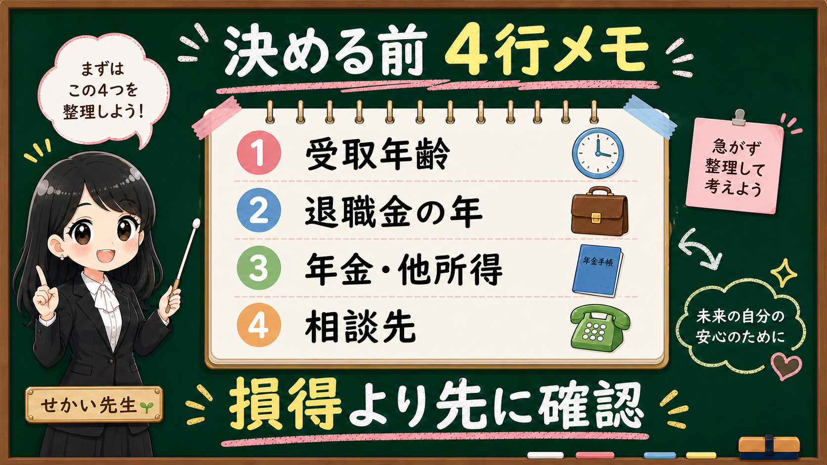 せかい先生が黒板で、受取年齢、退職金の年、年金・他所得、相談先の4行メモを説明する図解