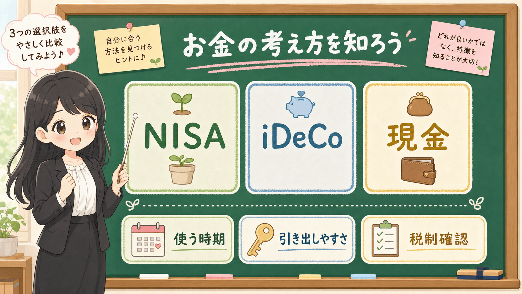 せかい先生がNISA、iDeCo、現金を使う時期、引き出しやすさ、税制確認で分ける図解