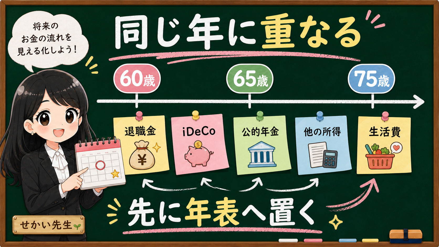 せかい先生が黒板の年表で、退職金、iDeCo、公的年金、他の所得、生活費が同じ年に重なることを説明する図解