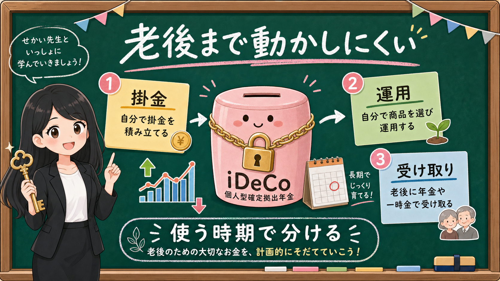 せかい先生がiDeCoを鍵付きの年金箱として説明する黒板図解