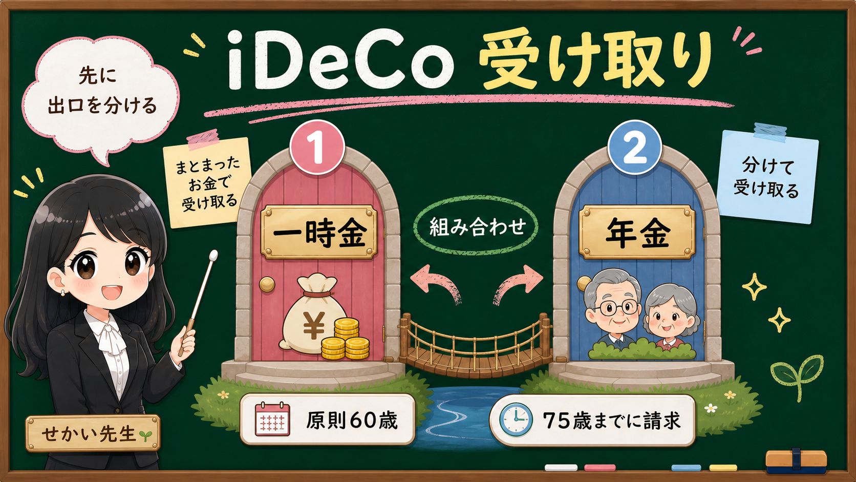 せかい先生が黒板でiDeCoの受け取り方を一時金、年金、組み合わせ、原則60歳、75歳までに請求の箱に分けて説明する図解