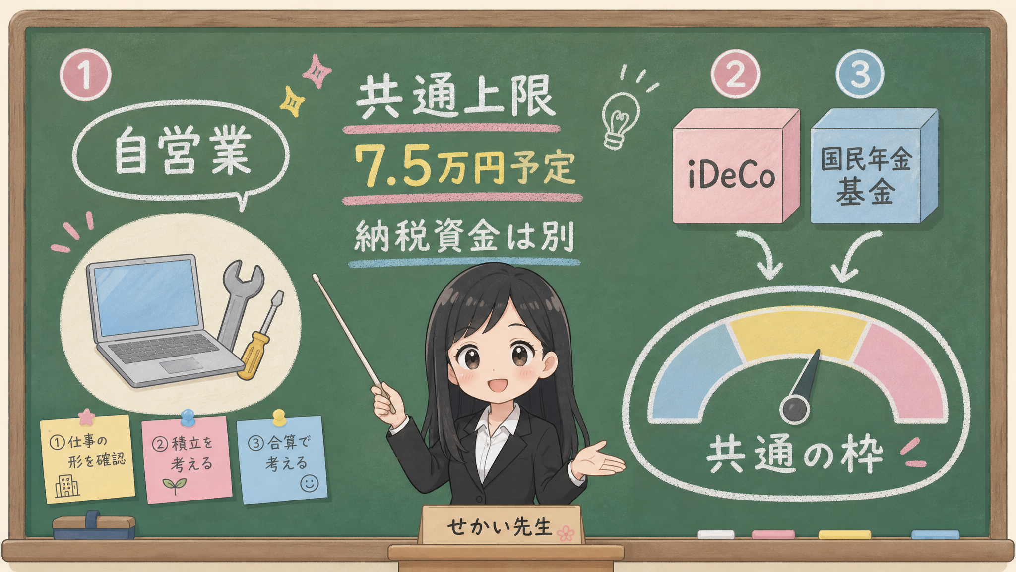 せかい先生が自営業のiDeCoと国民年金基金を共通上限と納税資金に分ける図解
