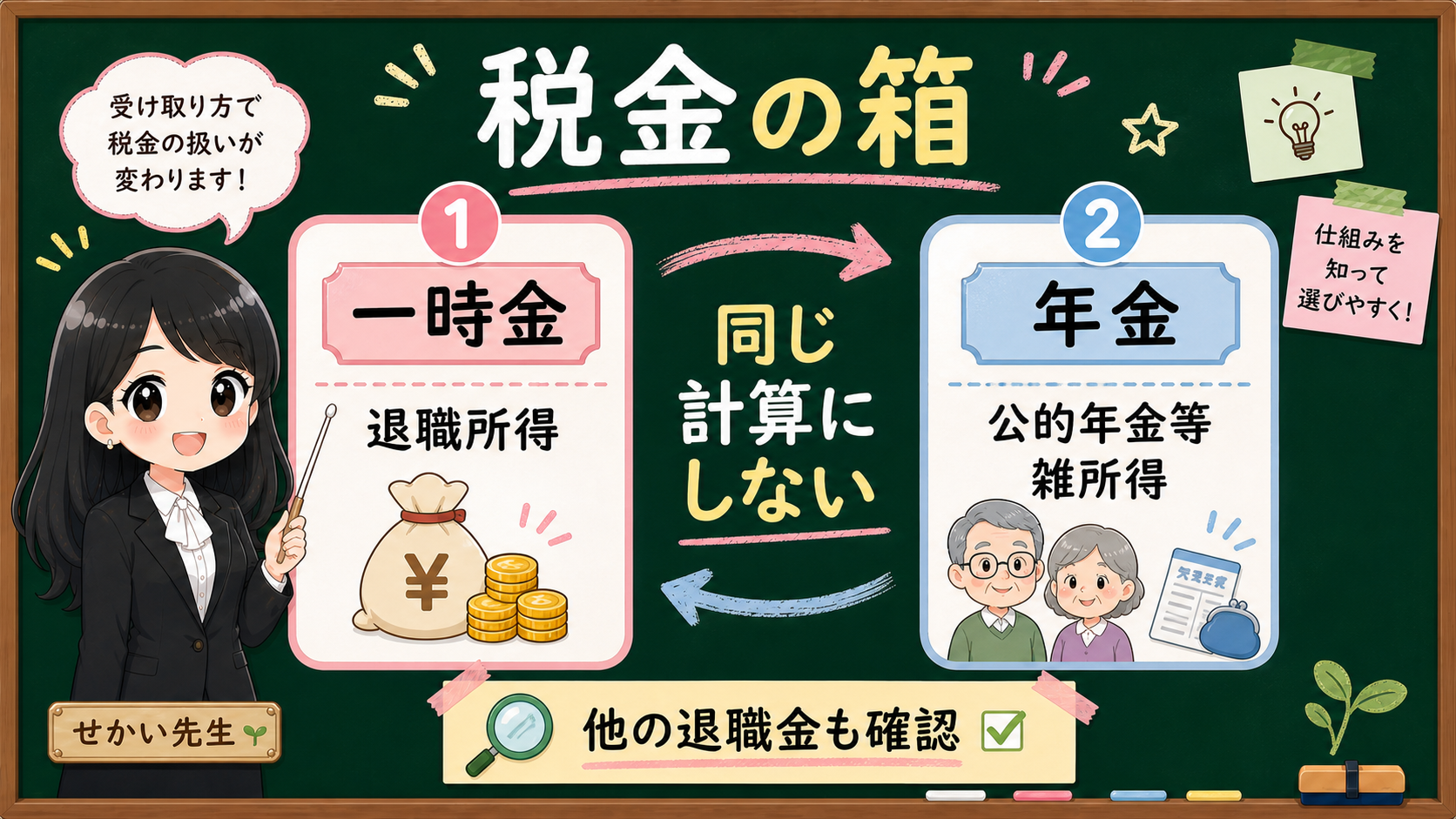 せかい先生が黒板でiDeCo一時金は退職所得、年金は公的年金等や雑所得の箱に入れて分ける図解