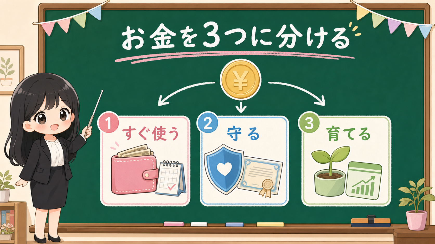 せかい先生が黒板でお金をすぐ使う、守る、育てるの3つに分けて説明する図解