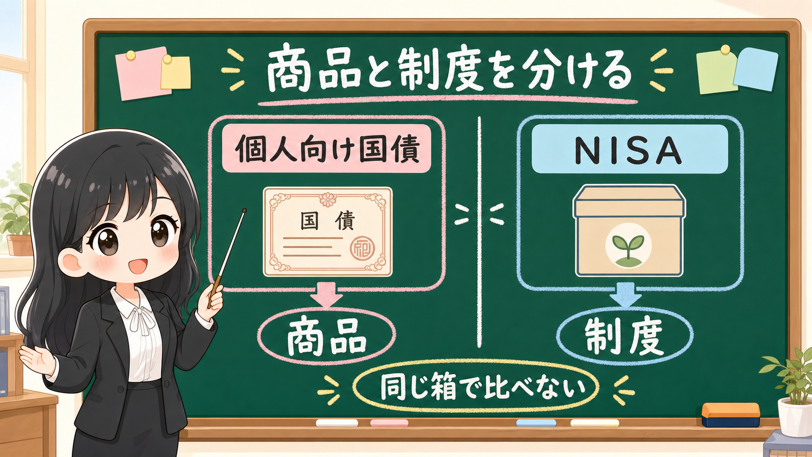 せかい先生が黒板で個人向け国債は商品、NISAは制度として分けて説明する図解