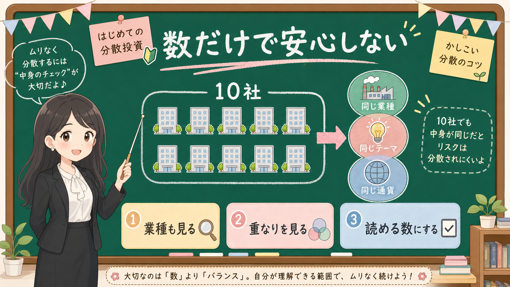 せかい先生が黒板で、10社でも同じ業種や同じテーマなら分散とは限らないと説明する図解