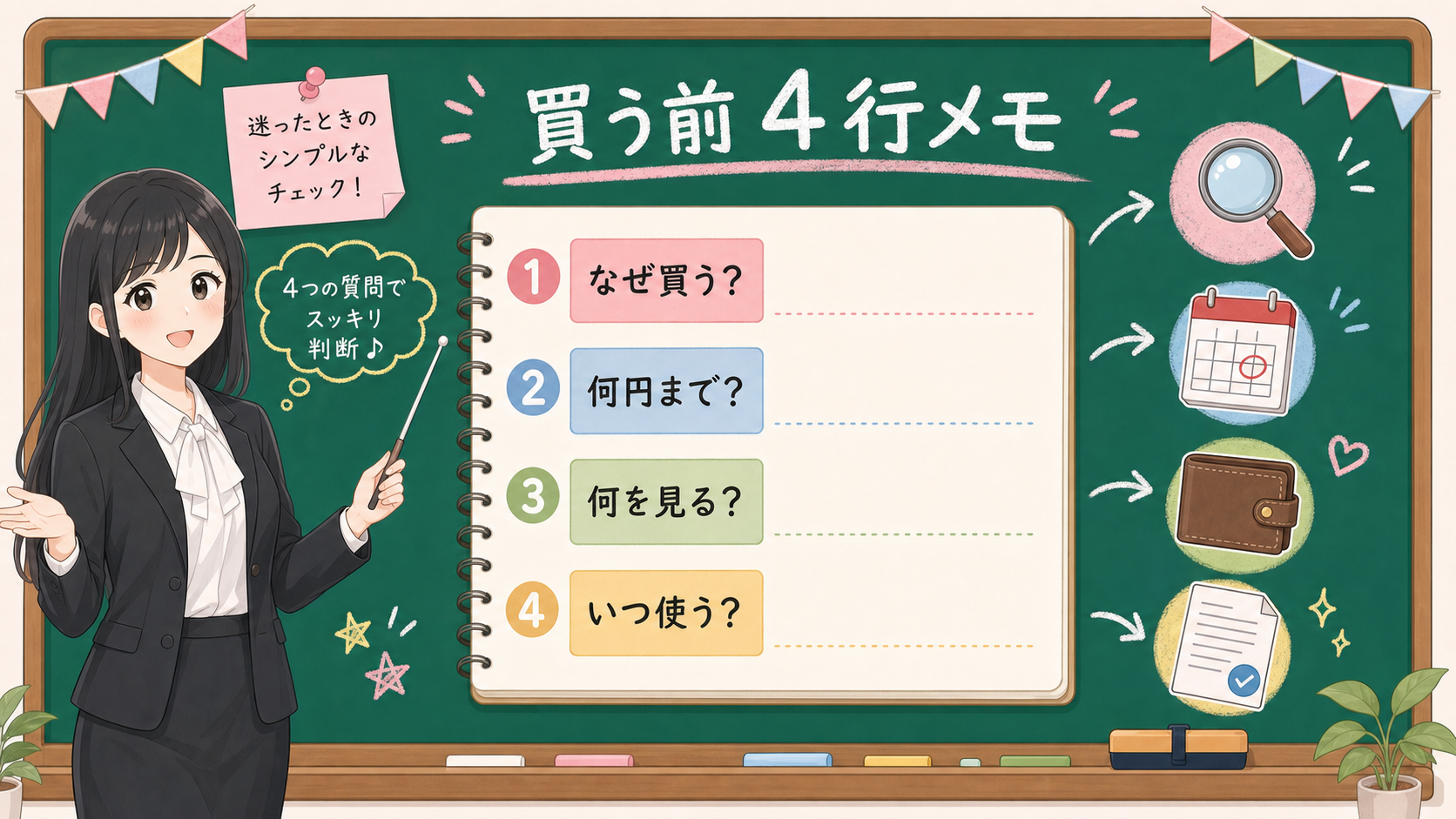 せかい先生が黒板で、個別株を買う前に書く4行メモを説明する図解