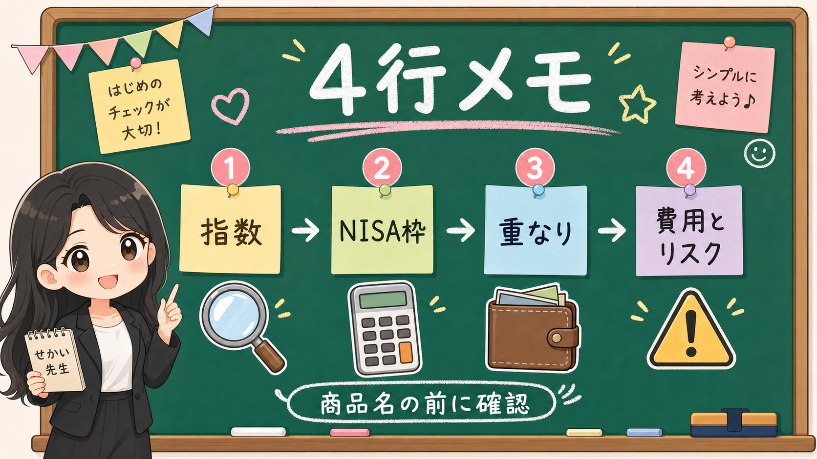 せかい先生が指数、NISA枠、重なり、費用とリスクの4行メモを黒板で示す図解