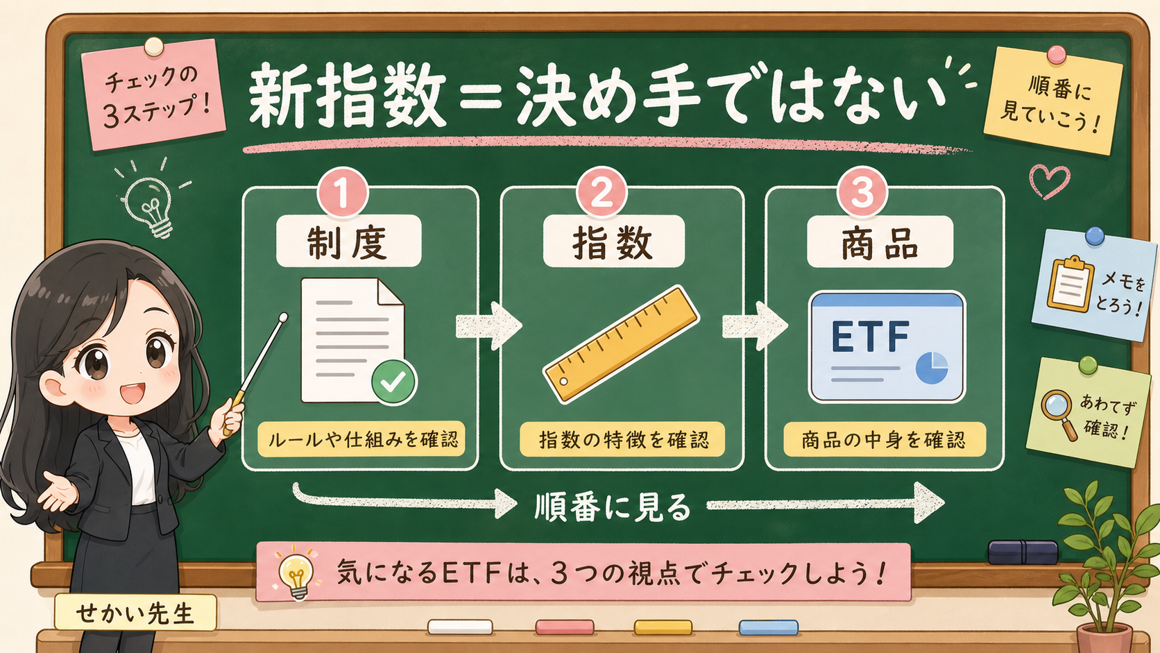 せかい先生が黒板で新指数追加を決め手にせず、制度の箱、指数の箱、商品の箱に分けて説明する図解
