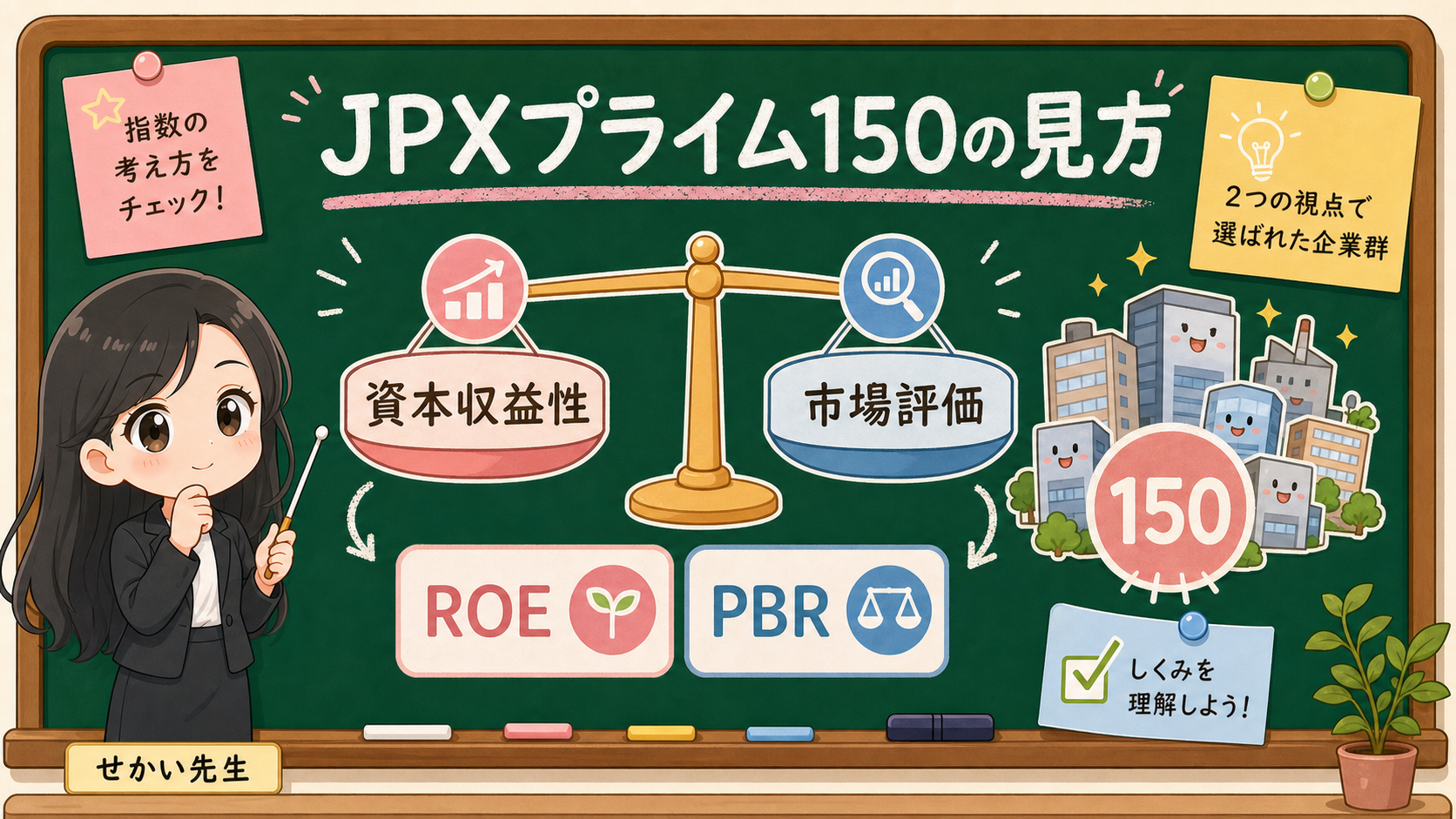 せかい先生がJPXプライム150指数を資本収益性と市場評価の2つの見方で説明する黒板図解