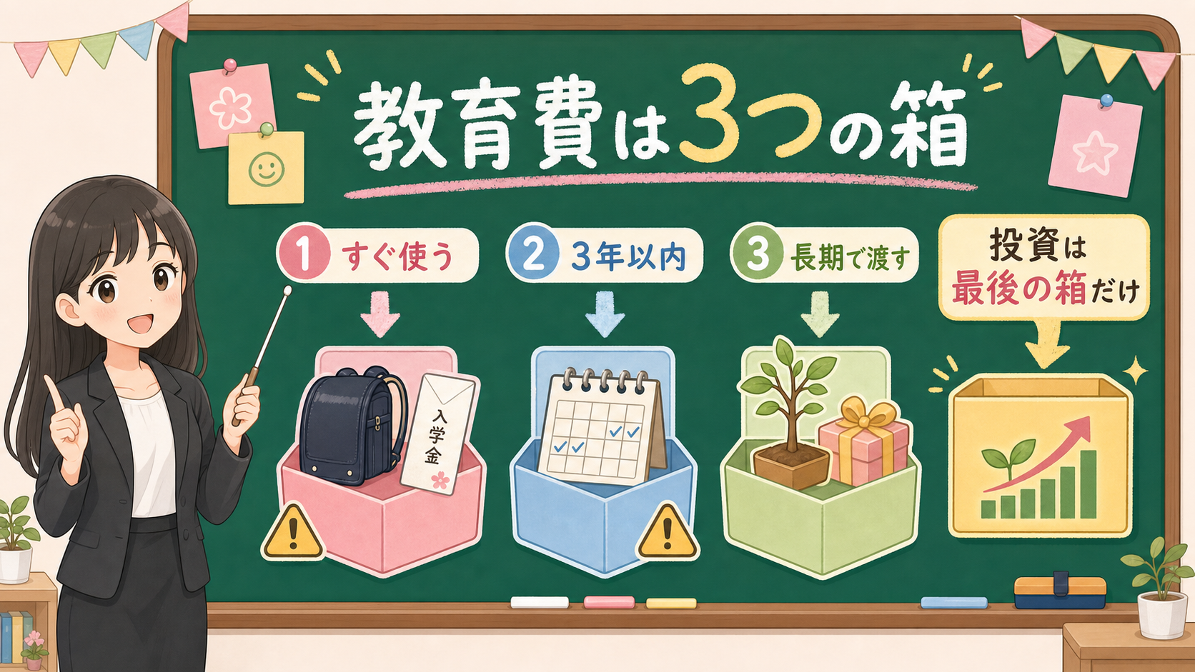 せかい先生が黒板で教育費をすぐ使うお金、3年以内、長期で渡すお金に分ける図解