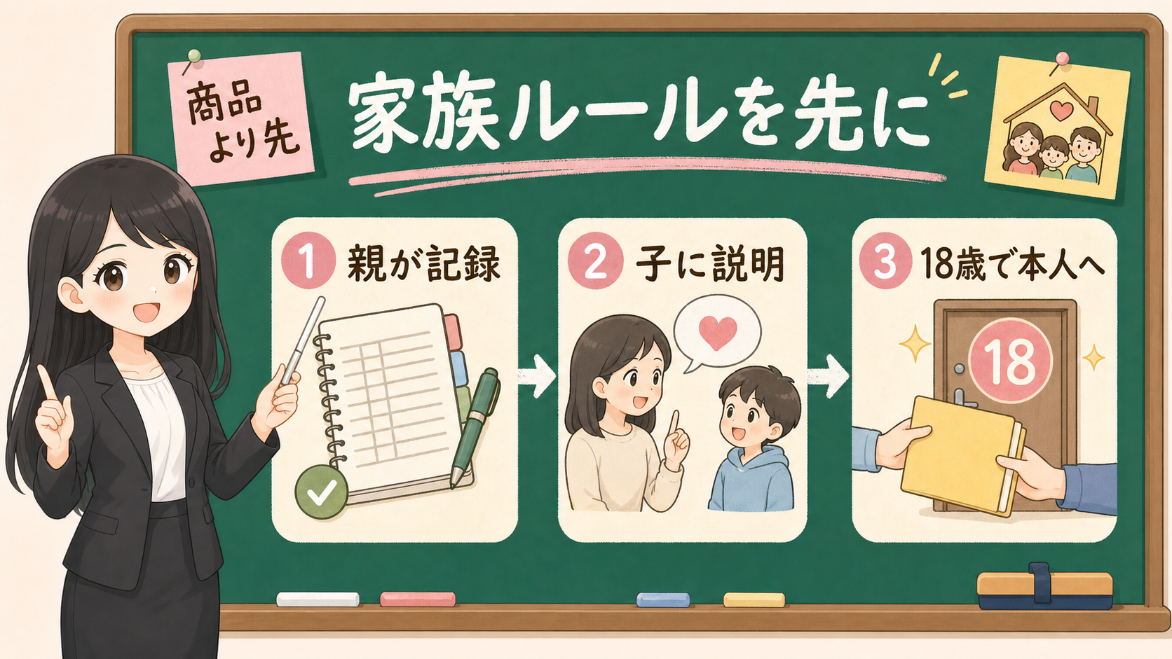 せかい先生が黒板で親の記録、子どもへの説明、18歳以降の本人管理を説明する図解
