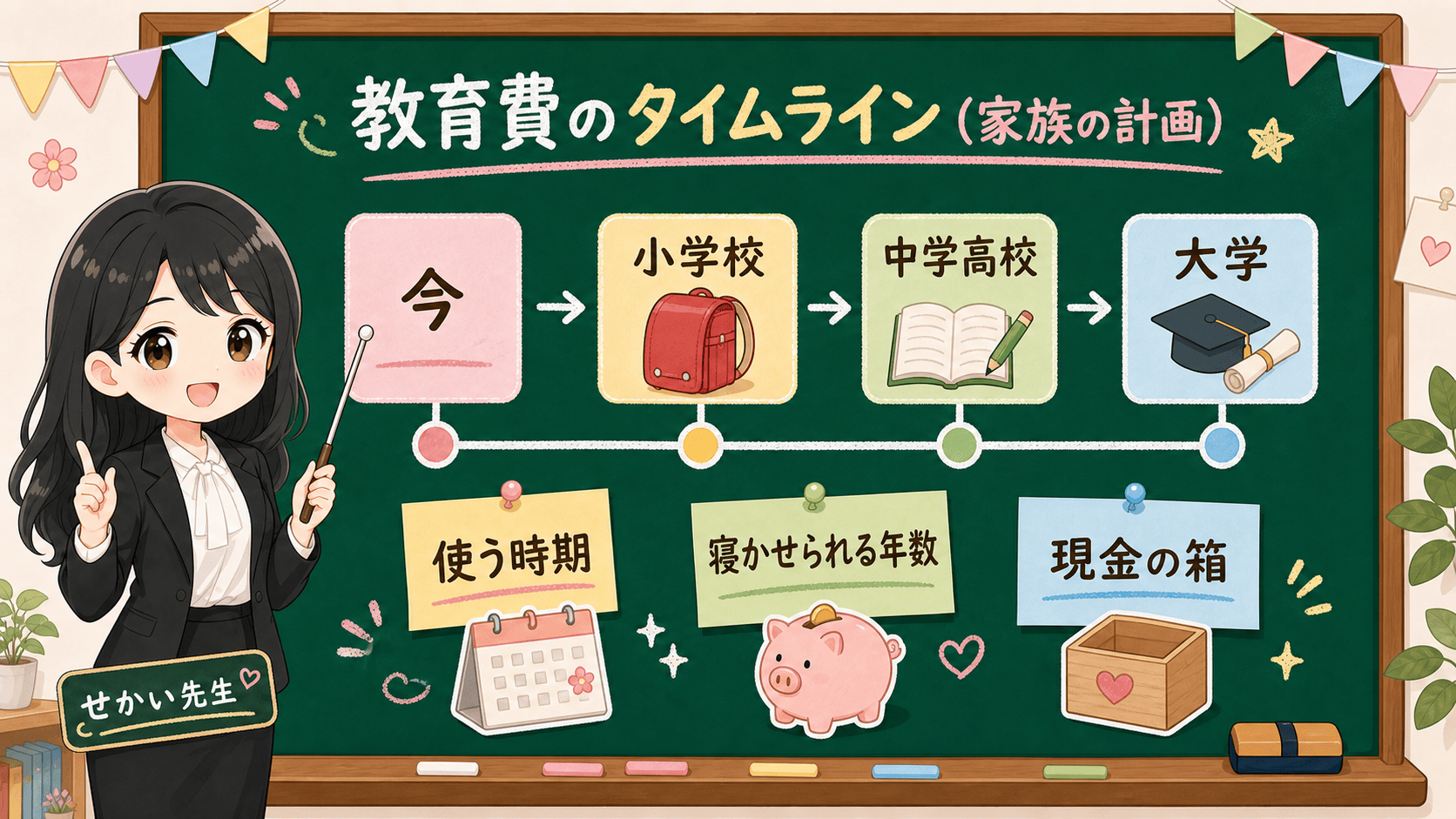 せかい先生が黒板で今、小学校、中学高校、大学までの教育費タイムラインと現金の箱を説明する図解
