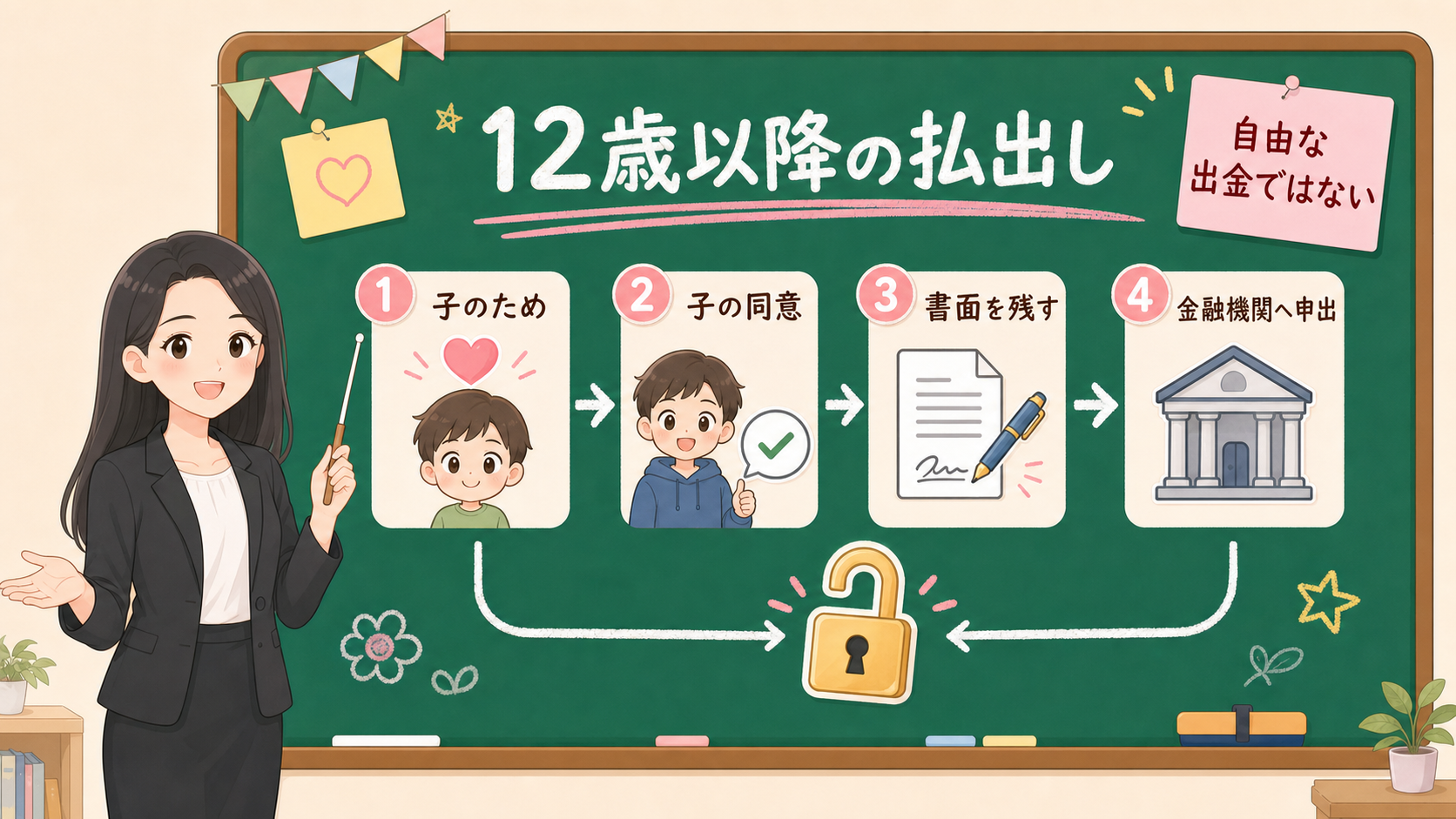 せかい先生が黒板で12歳以降の払出し条件を使途、子の同意、書面、金融機関申出に分ける図解