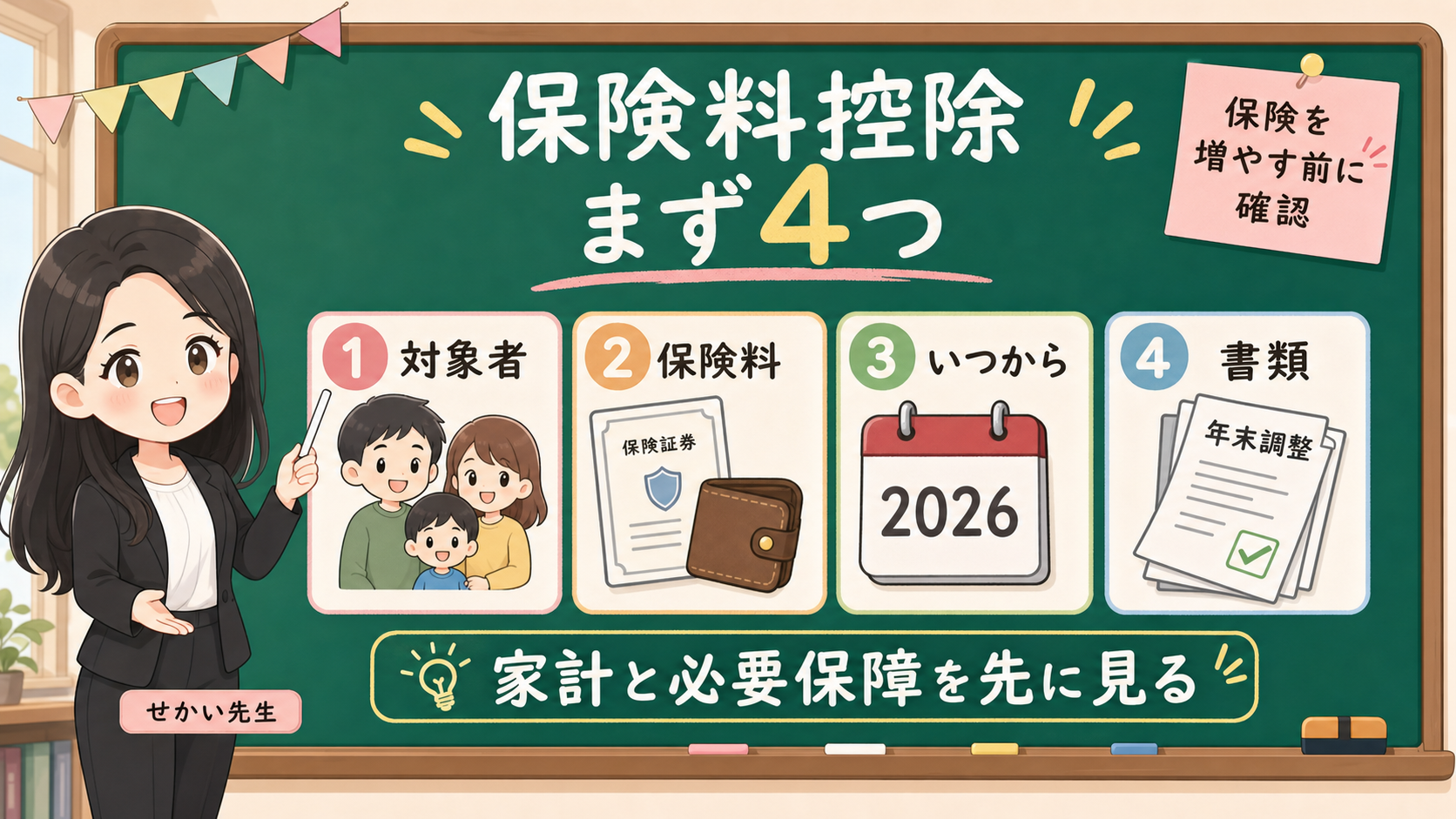 せかい先生が黒板で生命保険料控除の確認ポイントを対象者、保険料、いつから、書類の4つに分けて説明する図解