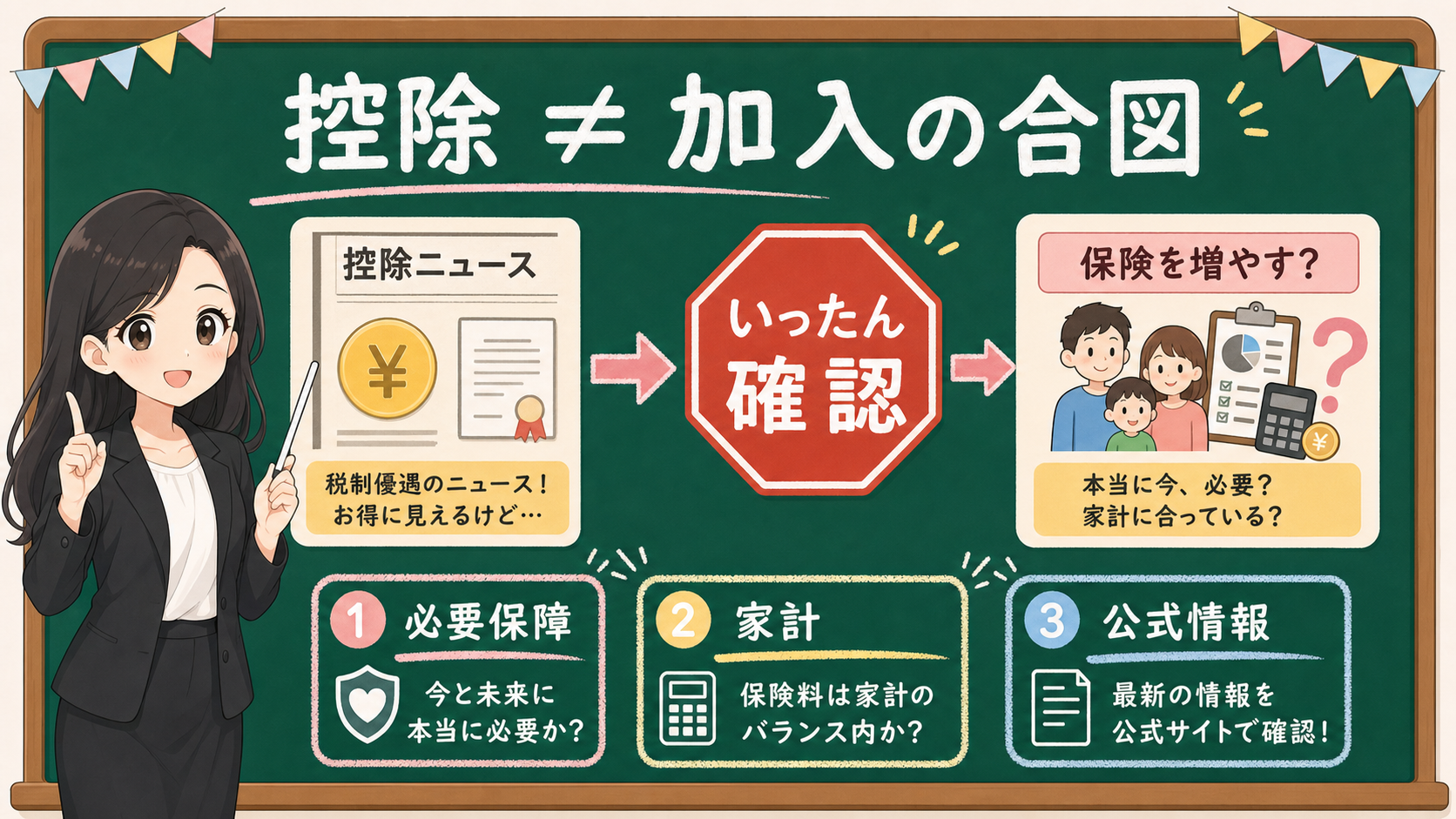せかい先生が控除ニュースと保険加入判断を分け、控除は加入の合図ではないと説明する図解