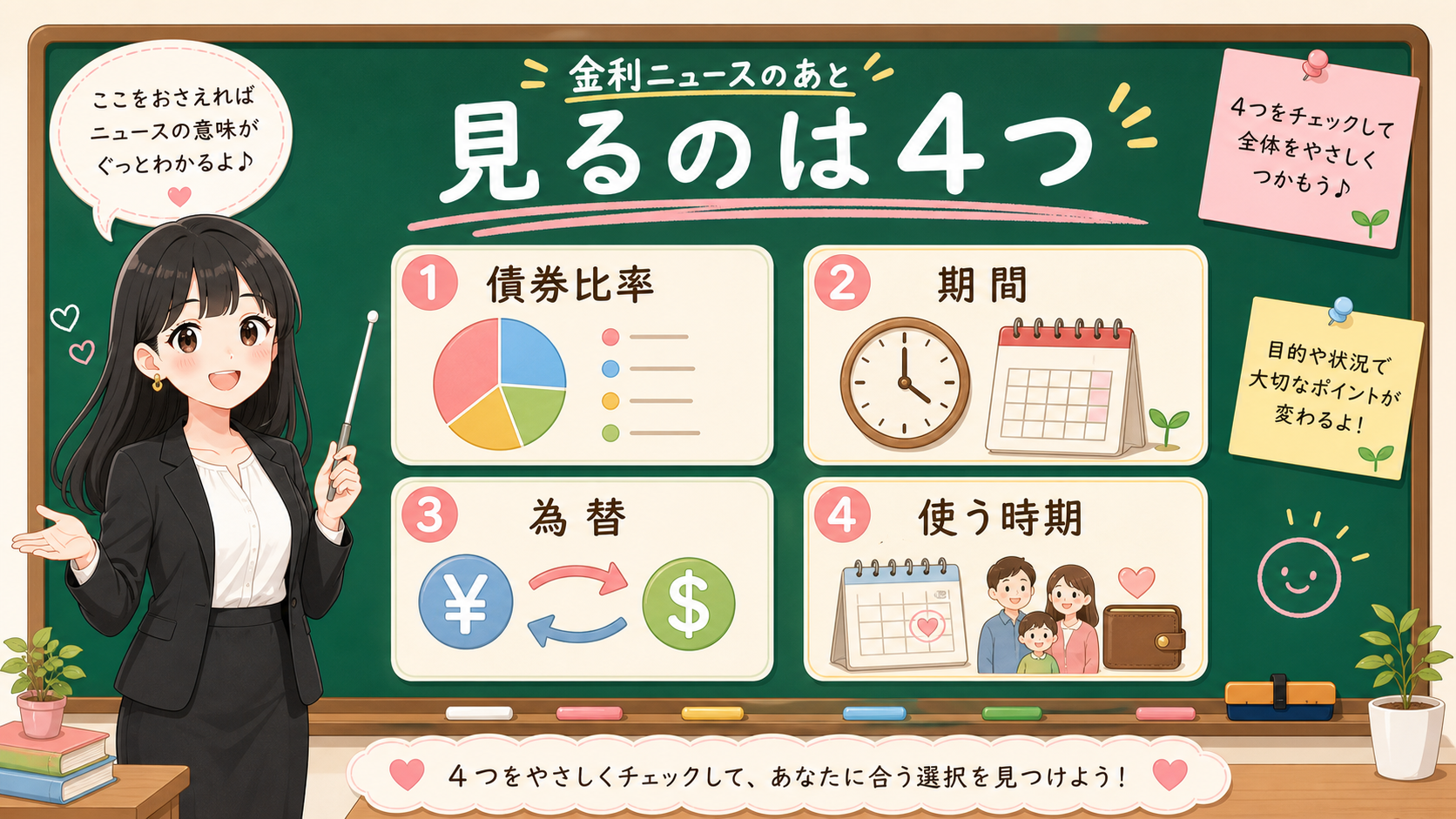 せかい先生が黒板で債券比率、期間、為替、使う時期の4つをチェックする図解