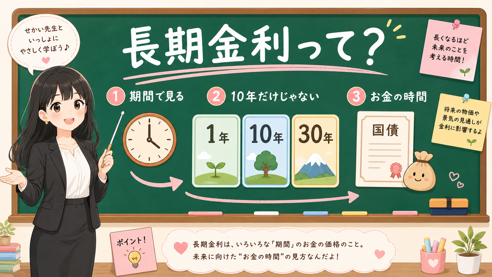 せかい先生が黒板で長期金利を1年、10年、30年など期間で分けて説明する図解