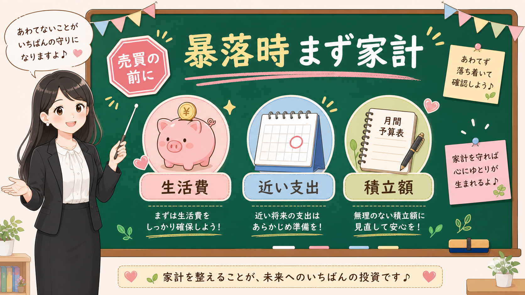 せかい先生が黒板で相場急落時は売買の前に生活費、近い支出、積立額を確認すると説明する図解