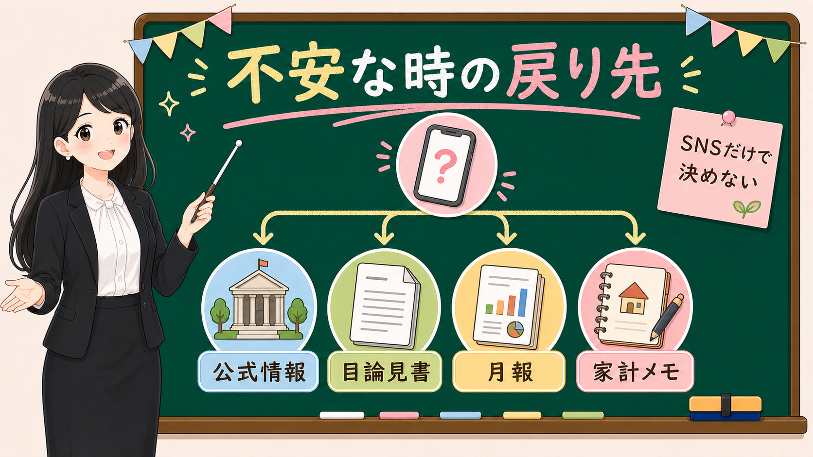 せかい先生が黒板で不安な時の戻り先として公式情報、目論見書、月報、家計メモを示す図解