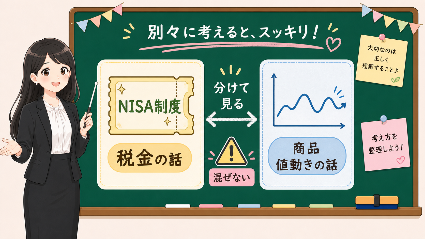 せかい先生が黒板でNISA制度は税金の話、商品は値動きの話として分ける図解