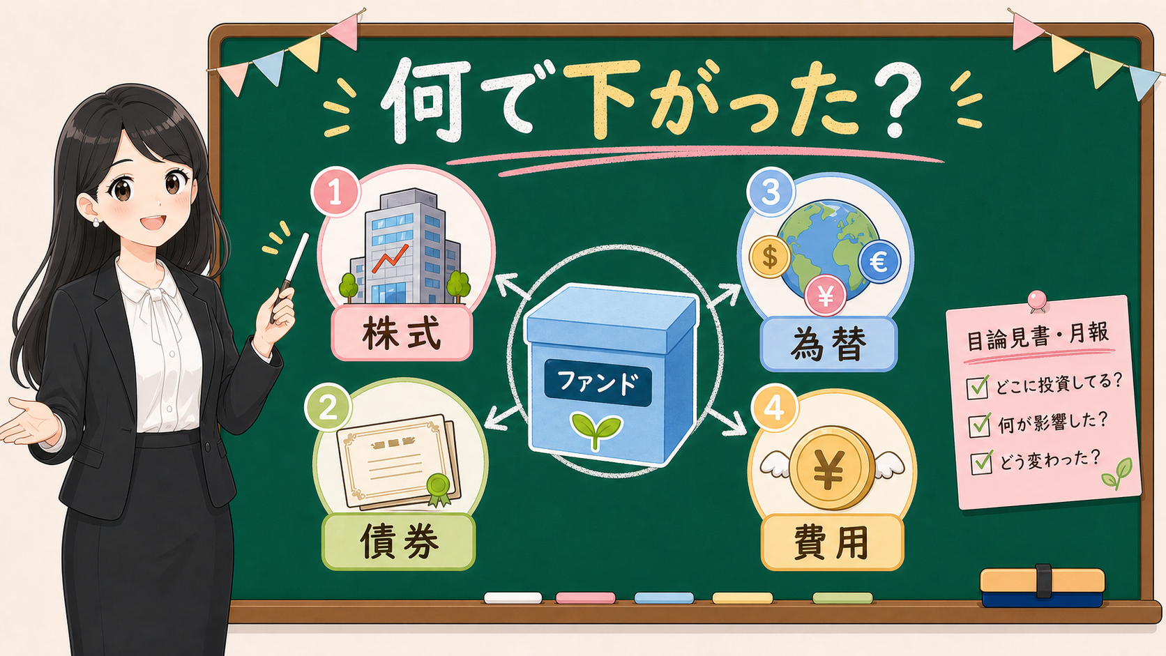 せかい先生が黒板でファンドの下落要因を株式、債券、為替、費用に分ける図解