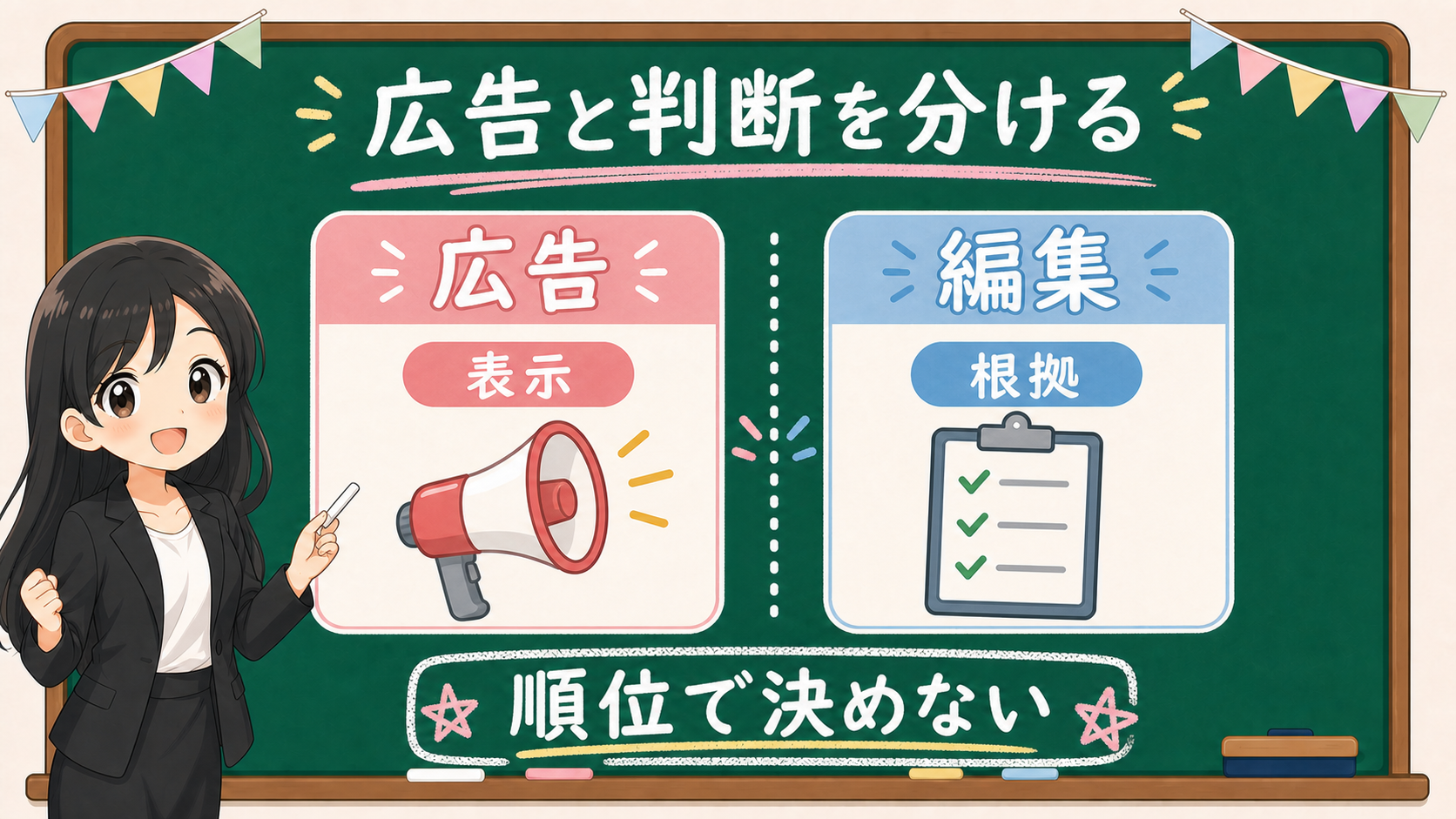 せかい先生が広告表示と編集判断を分ける黒板図解
