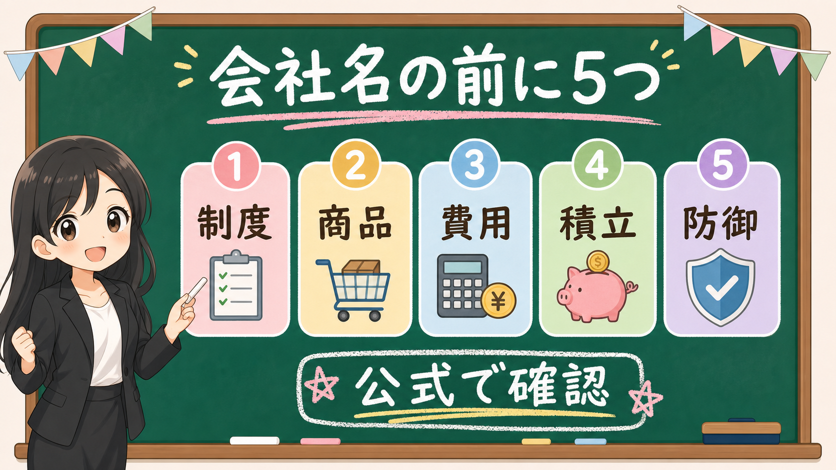 せかい先生が会社名の前に制度、商品、費用、積立、防御の5つを確認する黒板図解