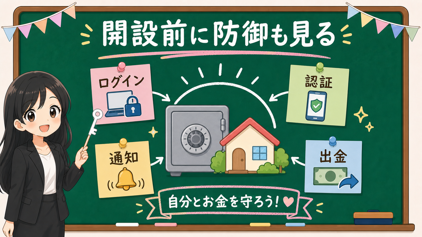 せかい先生が口座開設前にログイン、認証、通知、出金を確認する黒板図解