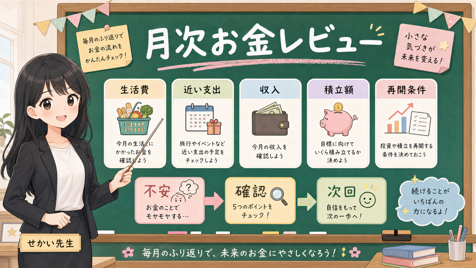 せかい先生が黒板で月次お金レビューの5項目、生活費、近い支出、収入、積立額、再開条件を説明する図解