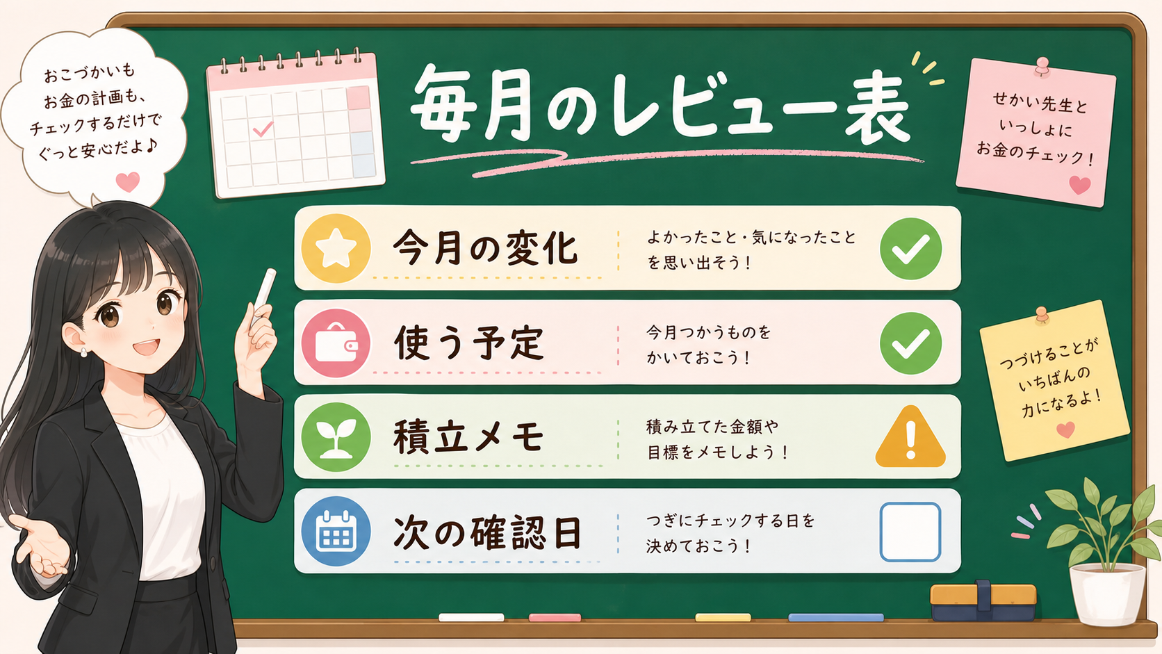 せかい先生が黒板で毎月のレビュー表、今月の変化、使う予定、積立メモ、次の確認日を説明する図解