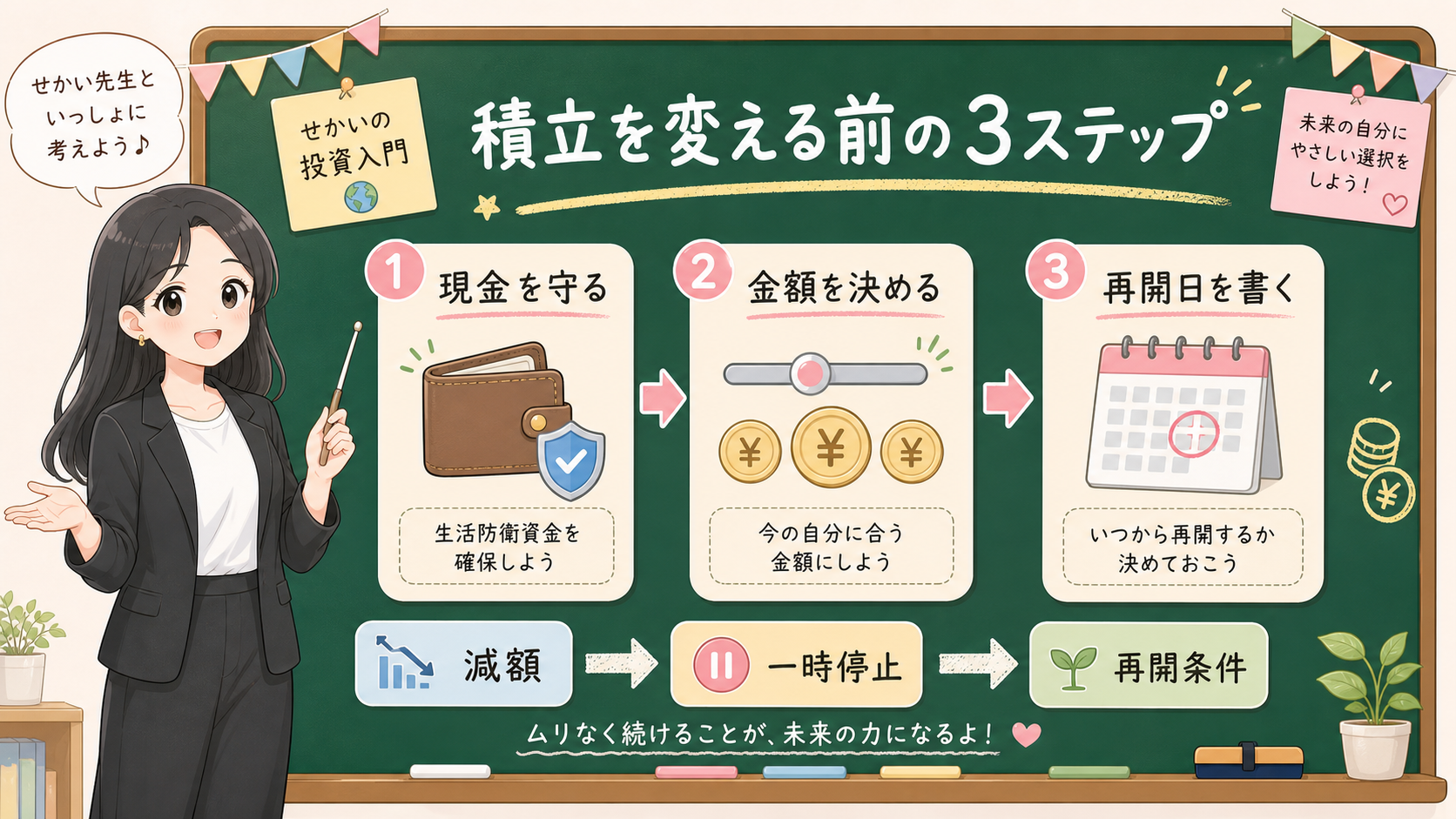 せかい先生が黒板で積立を変える前の3ステップ、現金を守る、金額を決める、再開日を書くを説明する図解