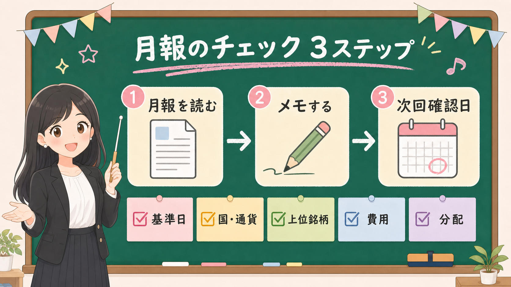 せかい先生が黒板で月報を読んでメモして次回確認日へつなぐ図解