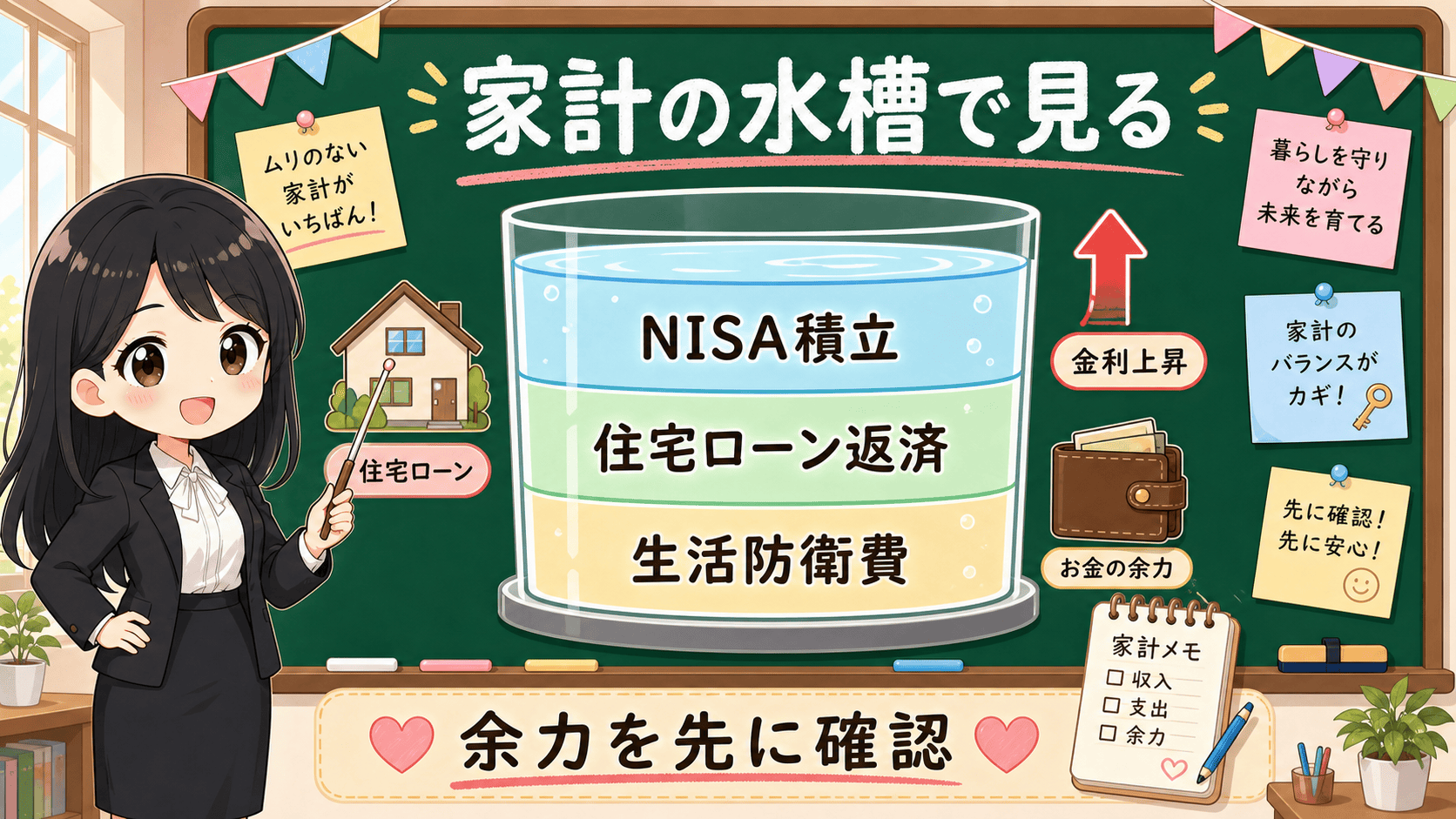 せかい先生が生活防衛費、住宅ローン返済、NISA積立を家計の水槽の3層で説明する図解